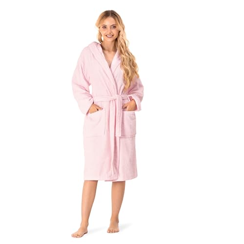 Bademantel Damen - 100% Baumwolle (350g/m²) OEKO-TEX® Zertifiziert - Morgenmantel Damen mit Kapuze, 2 Taschen, Gürtel...