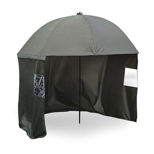 Wiltec Angelschirm 250cm mit Seitenwand und zwei Sichtfenstern Schirmzelt als Windschutz beim Angeln Regenschirm Angel...