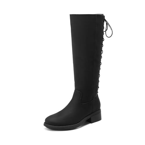 DREAM PAIRS Kniehohe Damenstiefel mit seitlichem Reißverschluss und Schnürung hinten,Size 40,Schwarz-Nubuck,SDKB2423W