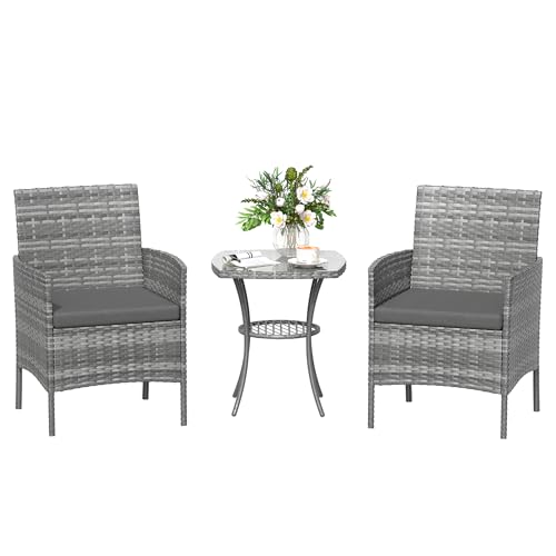 Amopatio Rattan Gartenmöbel Set, Balkonmöbel Set Kleiner 3 teilig, Outdoor Gartenlounge Wetterfest, Bistrotisch mit 2...