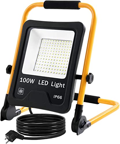 UISEBRT LED Baustrahler 100W Kaltweiß inkl. Standgestell und Netzkabel - LED Fluter Arbeitsscheinwerfer Wasserdicht...