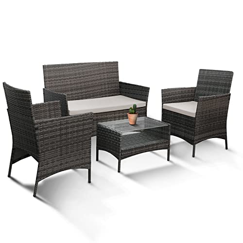 KEPLIN 4-teiliges Rattan Gartenmöbel Set – Outdoor Lounge Sofa, Stühle und Tisch Bistro Set für Rasen, Terrasse und...
