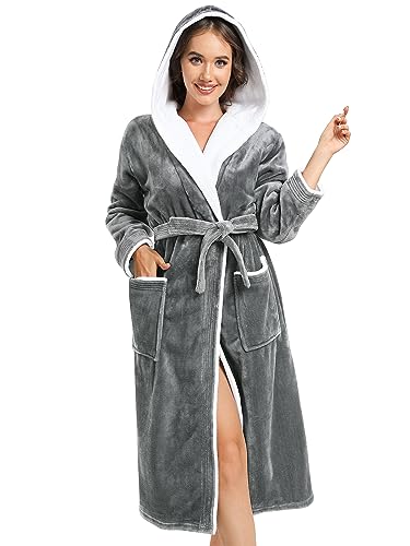 vislivin Bademantel Damen mit Kapuze Flauschig Bademantel Lang Warm Morgenmantel Fleece Robe Women Dark Grey M