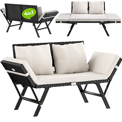 Casaria® Polyrattan Gartenbank mit Liegefunktion Auflage Kissen Verstellbare Armlehnen Wetterfest Draußen Garten...