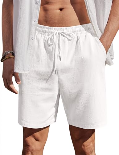 COOFANDY Herren Shorts Kurz Hosen Baumwolle Sommer Freizeithose Gummizug Regular Leinen Shorts mit Tunnelzug Weiß L