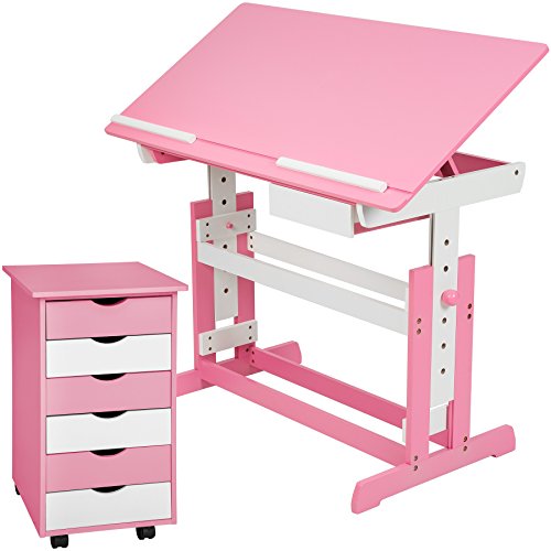 TecTake 800062 Kinderschreibtisch mit Rollcontainer Schreibtisch neig- & höhenverstellbar -Diverse Farben- (Pink | Nr....