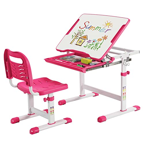COSTWAY Kinderschreibtisch Set höhenverstellbar, Kindertisch und Stuhl mit neigbarer beschreibbareTischplatte &...