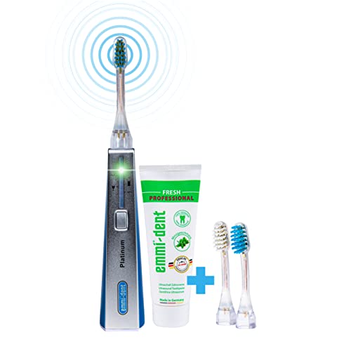 emmi®-dent Platinum elektrische Ultraschall Zahnbürste (Starter-Set Blau) I Ideal für empfindliche Zähne &...