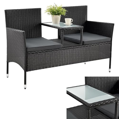 Juskys Polyrattan Gartenbank Monaco - 2-Sitzer Bank mit Tisch & Kissen - 133x63x84 cm - Rattan Sitzbank wetterfest...