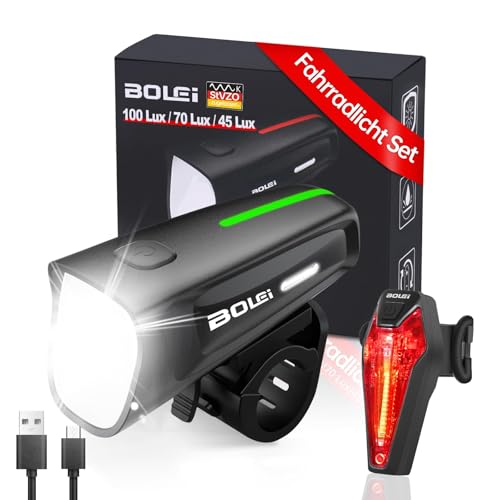 BOLEi LED Fahrradlicht Set 100 LUX | StVZO Zugelassen Fahrradlampe |Fahrradbeleuchtung USB Aufladbar | IPX5 Wasserdicht...