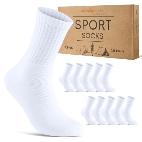 10 Paar Sportsocken Herren Tennissocken Baumwolle Atmungsaktive Crew Socken 70205T (Weiß 43-46)