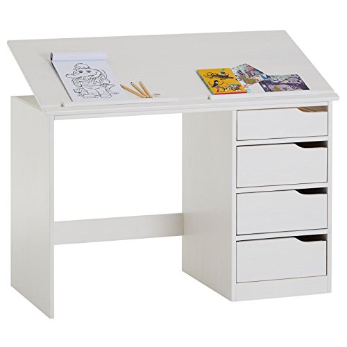IDIMEX Kinderschreibtisch aus massiver Kiefer in weiß, praktischer Schreibtisch mit neigungsverstellbarer Tischplatte,...