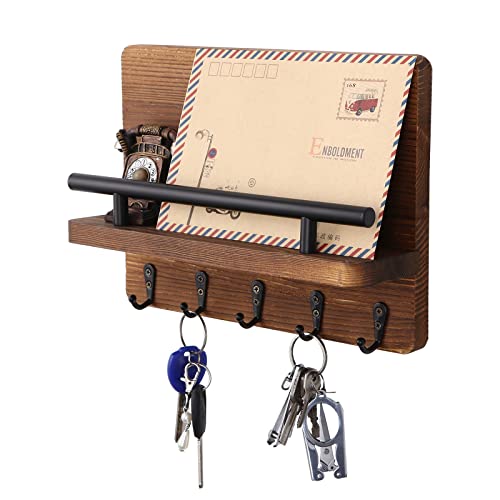 FAOKZE Schlüsselbrett & Briefhalter aus Holz mit 5 Schlüsselhaken Aufhänger, Wandregal Holz für Schlüsselbrett...