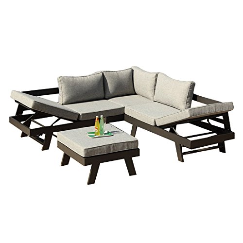 Ribelli® Lounge Gartenmöbel Set Aluminium 3-teilig, Balkonmöbel mit verstellbaren Kopfstützen, Wetterfest...