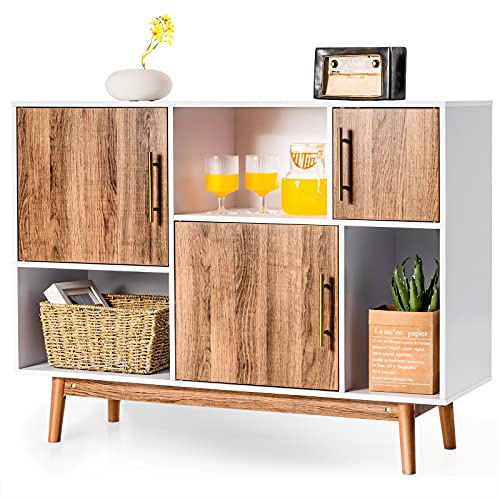 COSTWAY Sideboard aus Kiefernholz, Buffetschrank modern mit 3 Türen, 6 Fächern und 4 Beinen, freistehender...