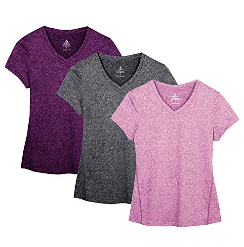 icyzone Damen Sport Fitness T-Shirt Kurzarm V-Ausschnitt Laufshirt Shortsleeve Yoga Top 3er Pack (L, Charcoal/Red...