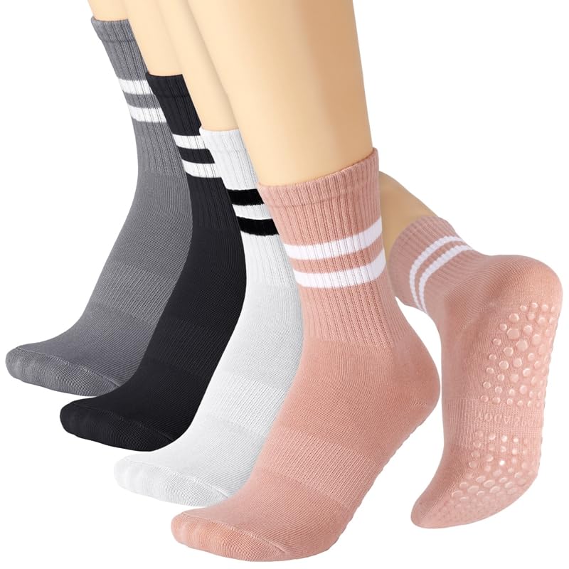 Apricitie 4 Paar Rutschfeste Socken Damen,Stoppersocken Yoga-Socken mit Griffen Pilates-Socken Lange Griffsocken für...