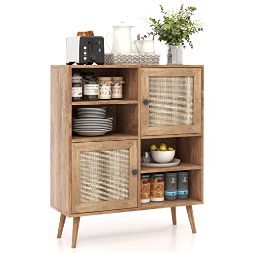 COSTWAY Sideboard Holz, Kommode mit 4 Fächern & 2 Türen, Anrichteschrank Rattan, Schrank modern, 80 x 29,5 x 97cm