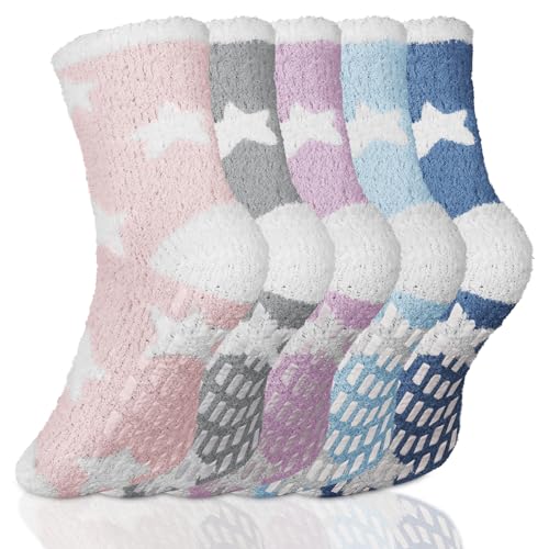 TMEOG Stoppersocken Damen 5 Paar Warme Kuschelsocken Rutschsocken Mittelhohe Noppensocken Antirutschsocken Flauschige...