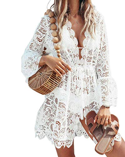 Springcmy Frauen Sexy Lace Hollow Crochet Bikini Cover-ups Floral Mini Beach Dress Beachwear Badeanzug (White, Large)