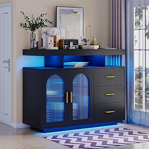 Lvifur Buffetschrank Sideboard Weiss, Vorratsschrank Mit Kabelloser Ladestation, Automatischem Sensor RGB 20-Farben...