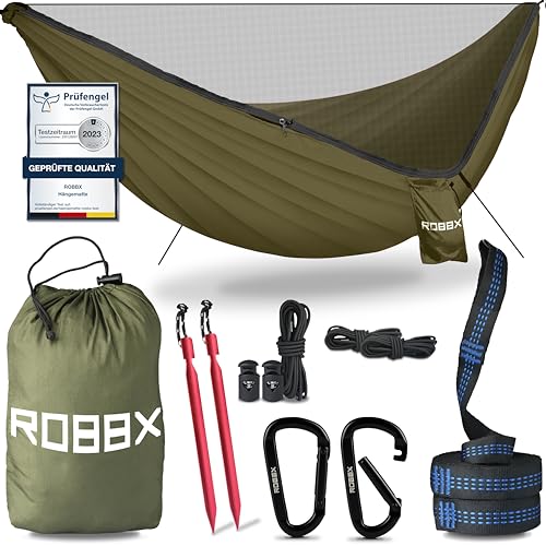 ROBBX® Hängematte Outdoor mit Moskitonetz für 2 Personen | 300kg Traglast | Doppelhängematte mit Befestigungs-Set |...