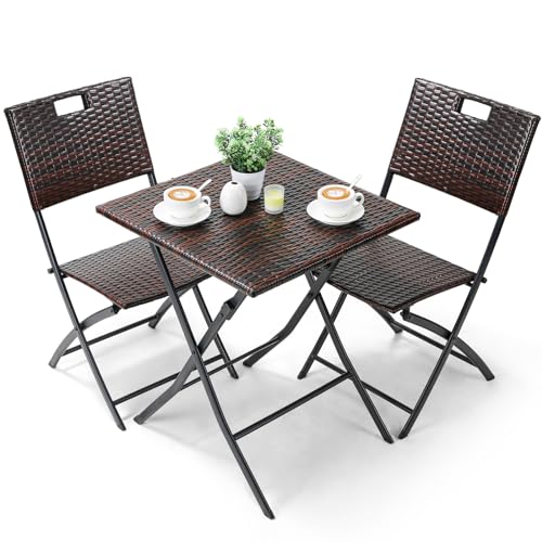 LIFERUN Balkonmöbel Set 3-teilige, Balkonmöbel Rattan, Bistro Gartenmöbel, 1 Klapptische und 2 Stühle, Braun...